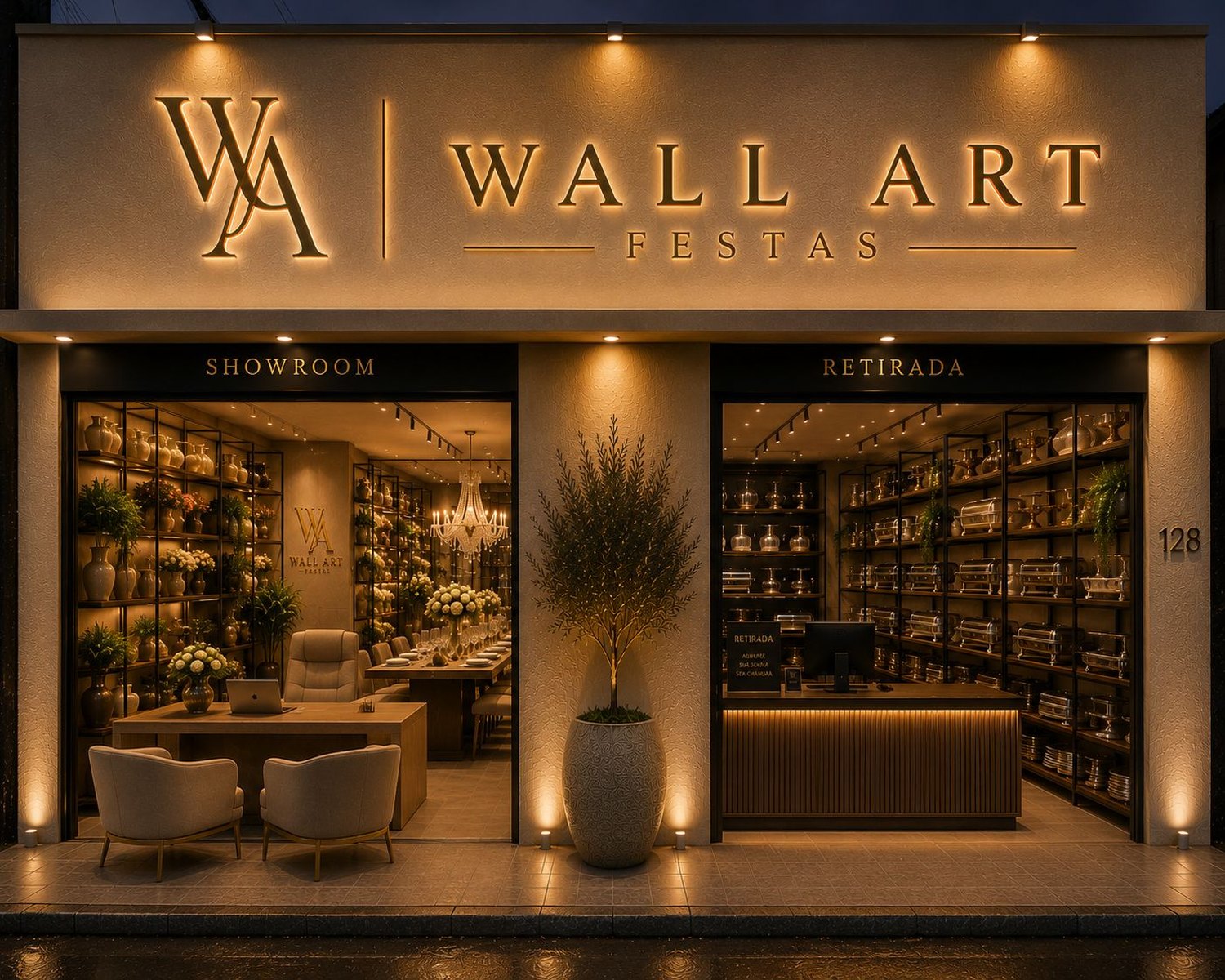 Fachada iluminada do showroom da Wall Art Festas, com o showroom e a área de retirada